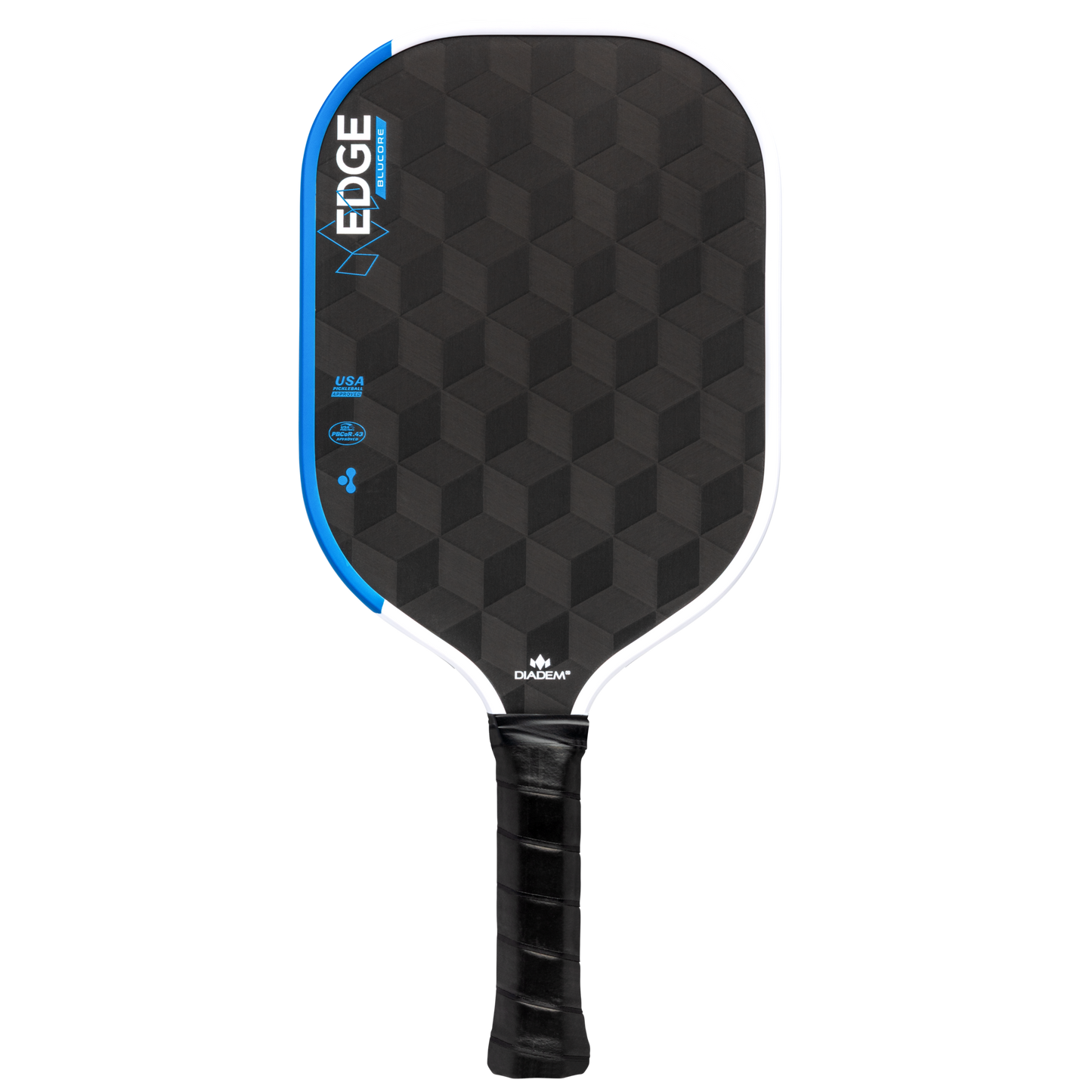 The Diadem Edge BluCore Pro 14mm Pickleball Paddle features a sleek black design with geometric patterns, blue and white accents, and a wrapped black grip—combining style and comfort for players of all levels.