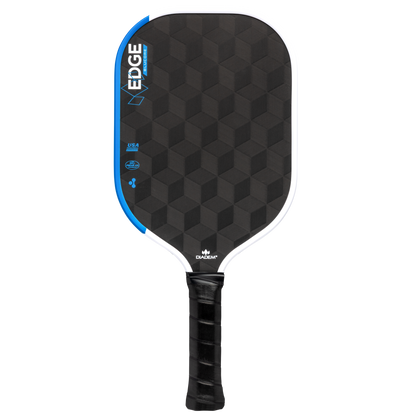 The Diadem Edge BluCore Pro 14mm Pickleball Paddle features a sleek black design with geometric patterns, blue and white accents, and a wrapped black grip—combining style and comfort for players of all levels.