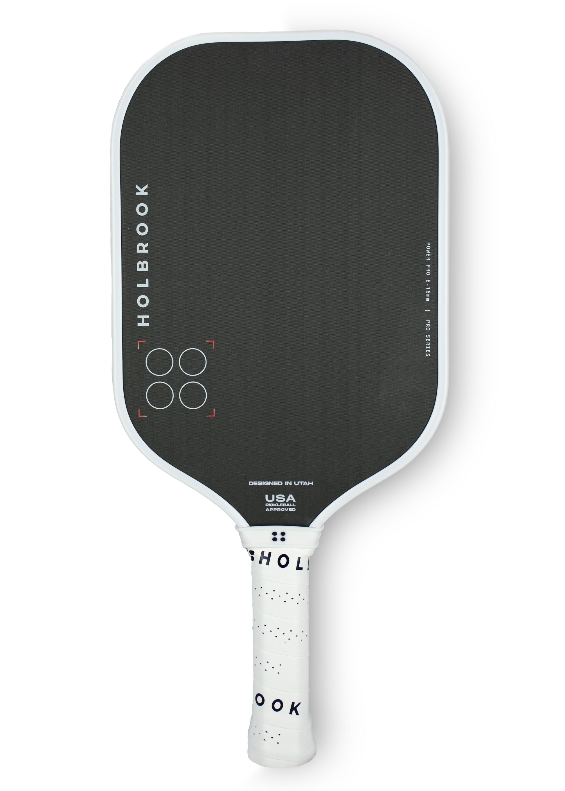 A black Holbrook Power Pro E 16mm pickleball paddle with a white handle and branding text displays against a plain white background.