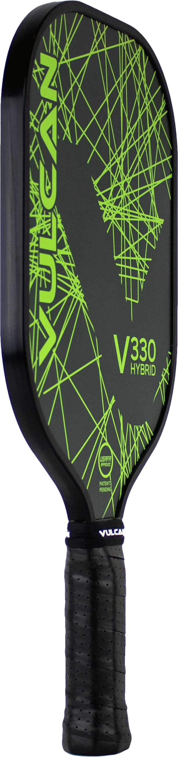 A black and green Vulcan V330 Pickleball Paddle with the word Vulcan on it.