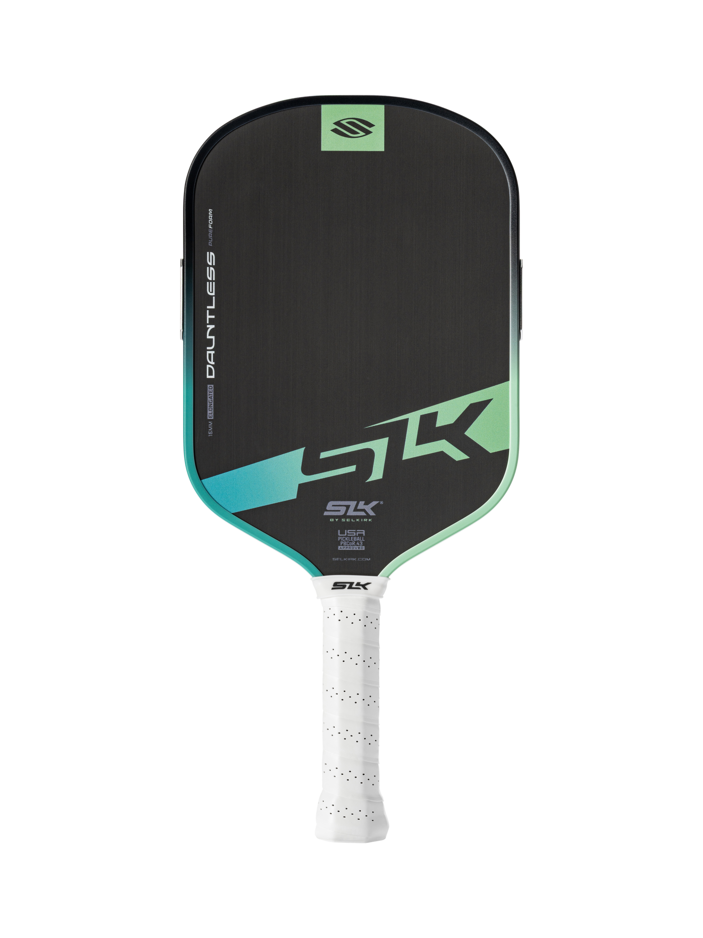 The Selkirk SLK Dauntless Elongated 16mm Pickleball Paddle by Selkirk features a black face with teal and green accents and a white perforated grip, displayed on a plain white background.