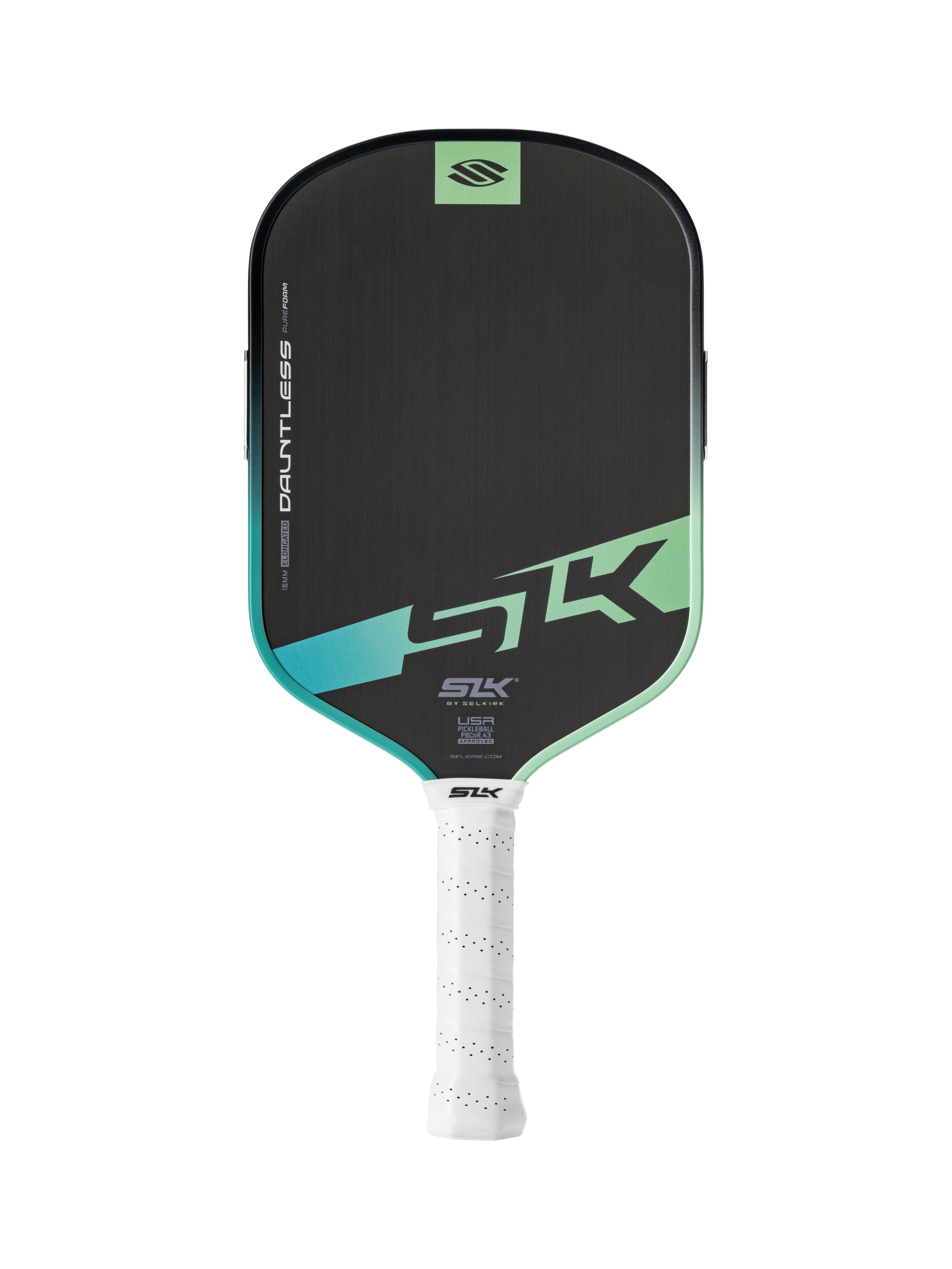 The Selkirk SLK Dauntless Elongated 16mm Pickleball Paddle by Selkirk features a black face with teal and green accents and a white perforated grip, displayed on a plain white background.