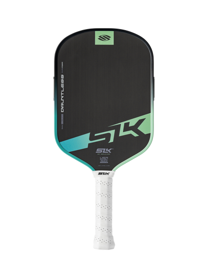 The Selkirk SLK Dauntless Elongated 16mm Pickleball Paddle by Selkirk features a black face with teal and green accents and a white perforated grip, displayed on a plain white background.