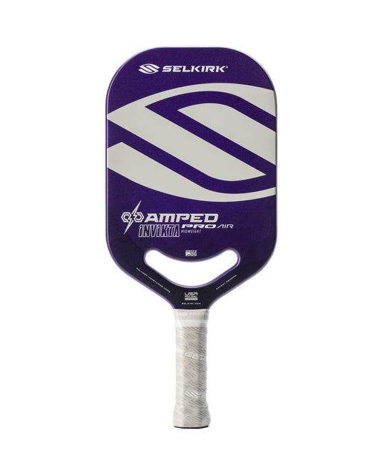 A purple Selkirk pickleball paddle with a large "S" logo, labeled "Selkirk AMPED Pro Air Invikta Pickleball Paddle," featuring a white grip.