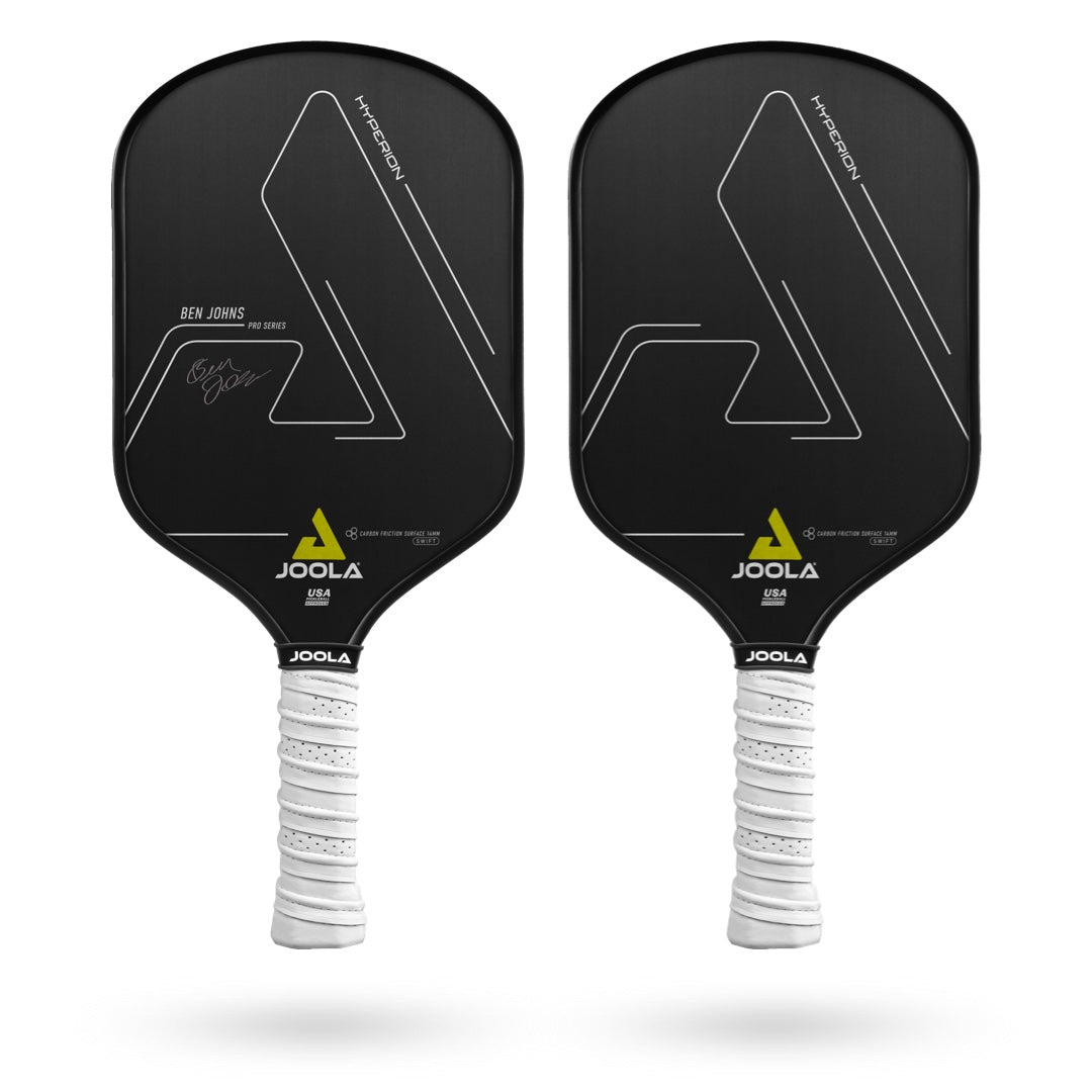 A pair of JOOLA Ben Johns Hyperion CFS 14 Swift Pickleball Paddles with a Carbon Friction Surface and Aero-CurvePro design on a white background.