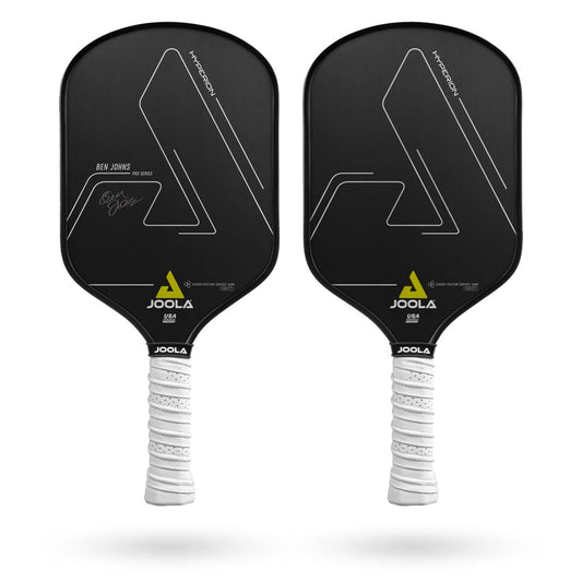 Two black Pickleballist Ben Johns Hyperion CFS 14 Swift pickleball paddles with white grips and a carbon friction surface, featuring the signature of Ben Johns. Each paddle has a distinctive white and yellow graphic design.