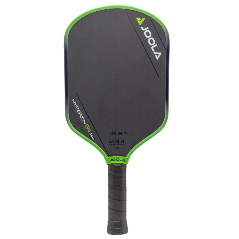 A JOOLA Ben Johns Hyperion 3S 14mm Pickleball Paddle, showcasing a black face with green edges and adorned with logos and text such as "Ben Johns" and "Hyperion" on its surface. The handle is wrapped in black grip material.