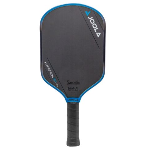 The JOOLA Simone Jardim Hyperion 3S 16mm Pickleball Paddle features a black face with blue edges and has JOOLA branding along with product details printed on both the face and handle.