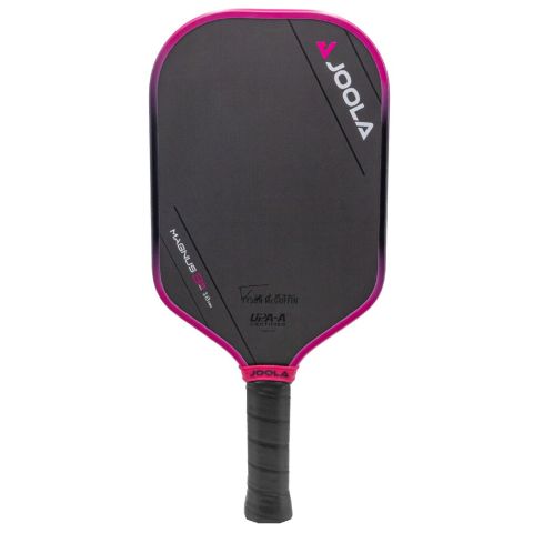 An image of the JOOLA Tyson McGuffin Magnus 3S 16mm Pickleball Paddle, featuring a black surface, pink edges, and a black handle.