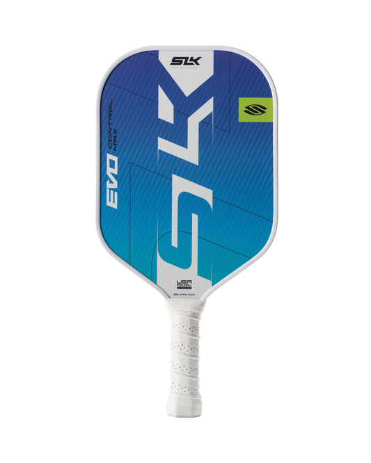 A blue and white Selkirk SLK EVO Max Control pickleball paddle with a taped handle.