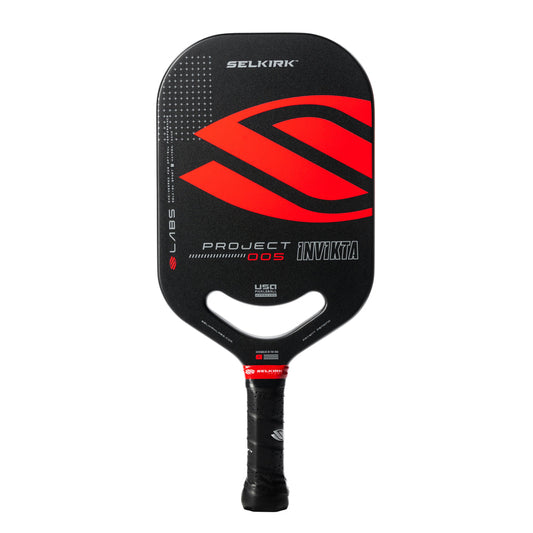 A Selkirk Labs Project 005 Invikta 16mm pickleball paddle in black and red.