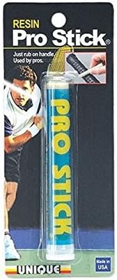 Packaging of Tourna Pro Stick - Tacky Resin Grip Stick, a product used for improving grip on sports equipment handles. The package is shown with a cylindrical stick inside and a user demonstrating its application.