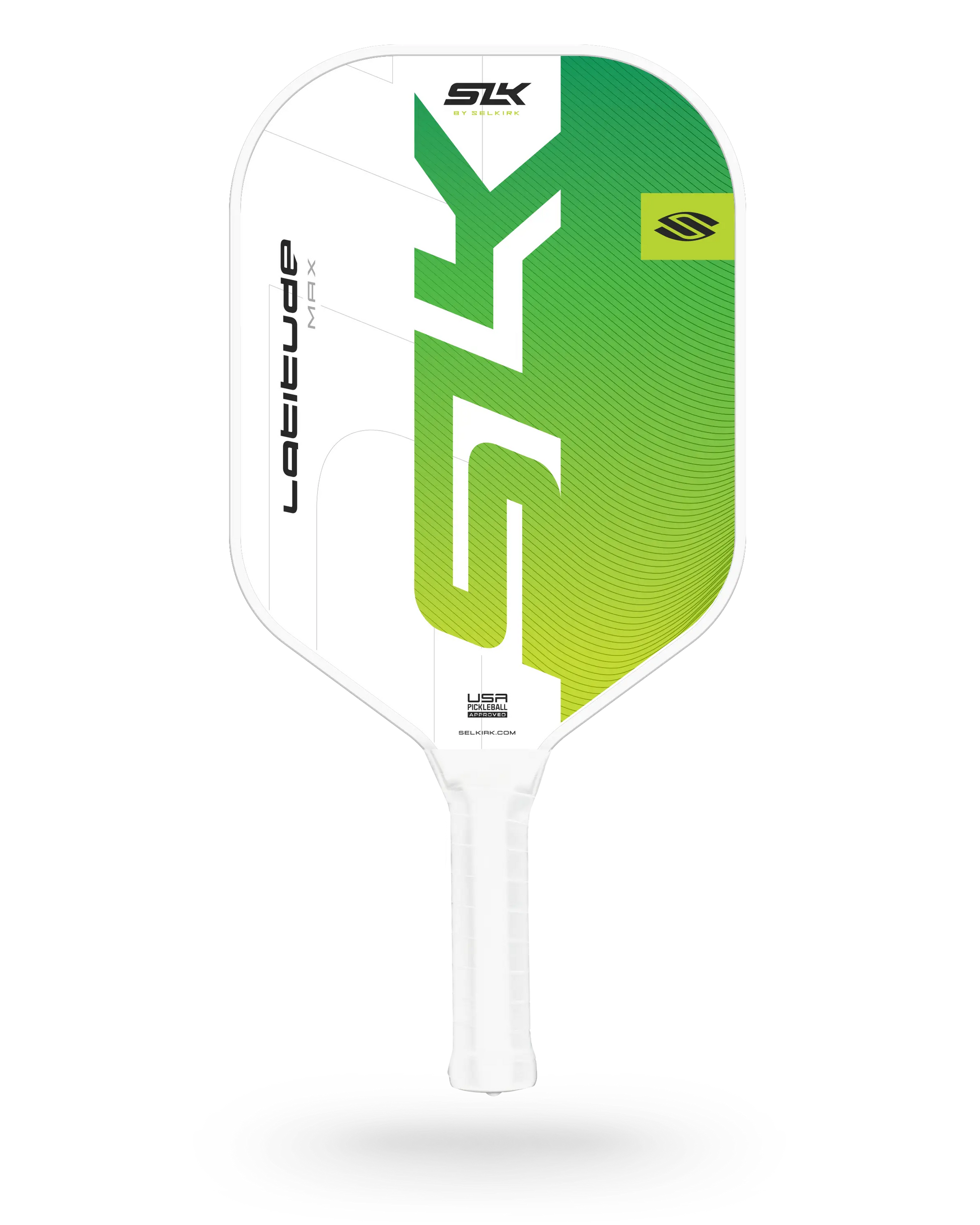 A white and green pickleball paddle labeled "Selkirk SLK Latitude" with the "SLK" logo on the face.