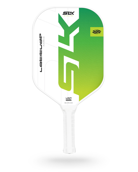 A white and green pickleball paddle labeled "Selkirk SLK Latitude" with the "SLK" logo on the face.