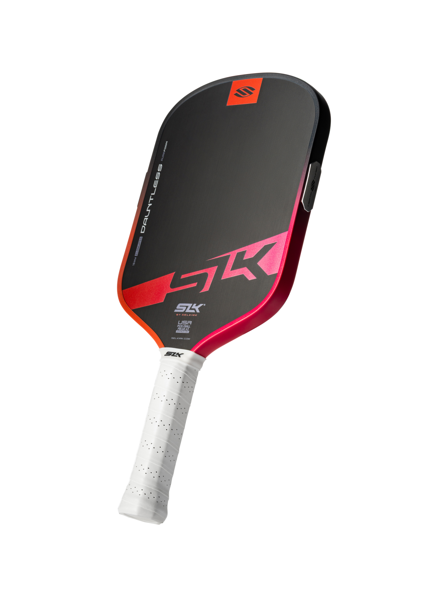 A black and red Selkirk SLK Dauntless Elongated 16mm Pickleball Paddle with a white grip, featuring Selkirk branding and logos on the face and side.