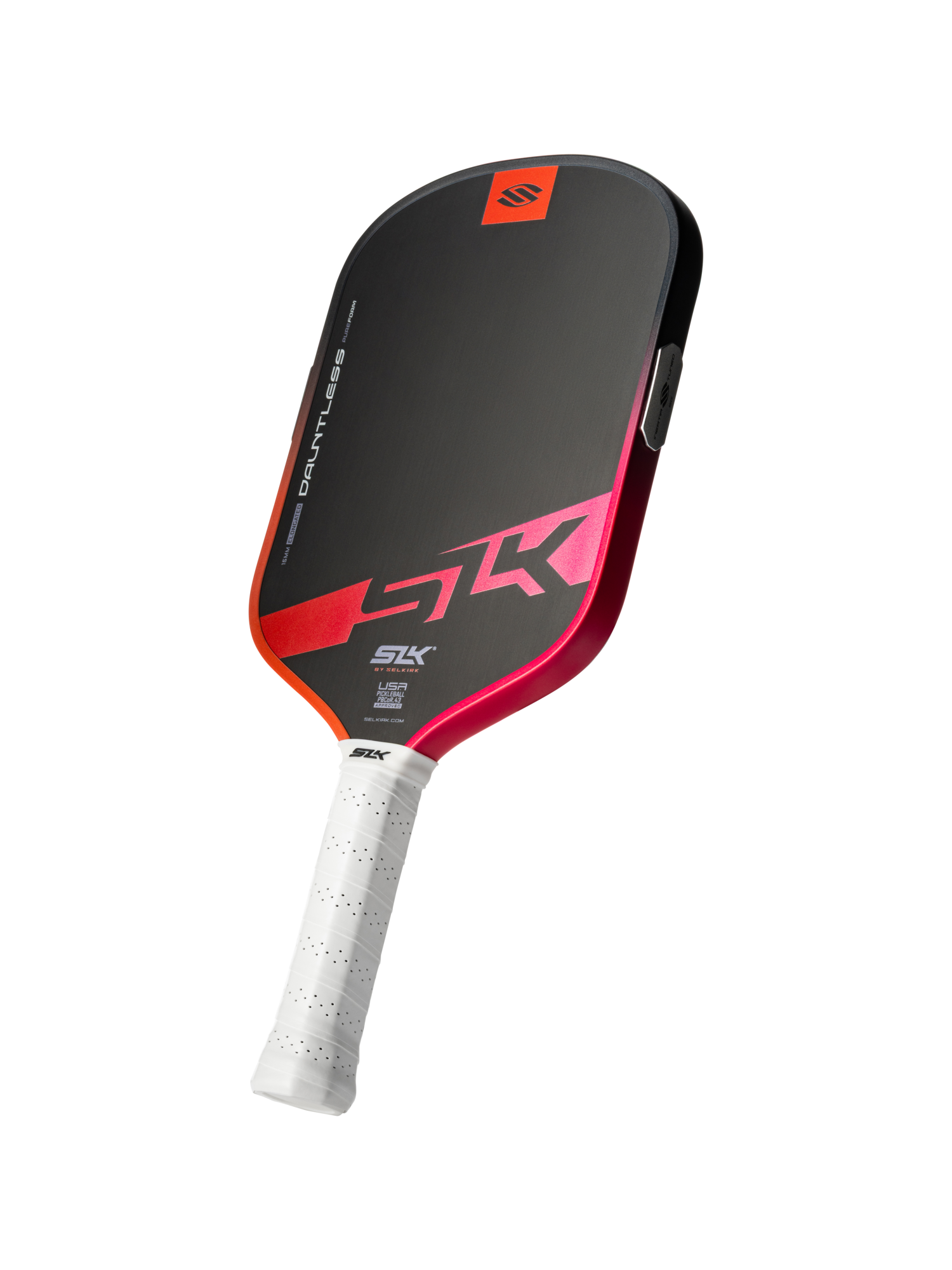 A black and red Selkirk SLK Dauntless Elongated 16mm Pickleball Paddle with a white grip, featuring Selkirk branding and logos on the face and side.
