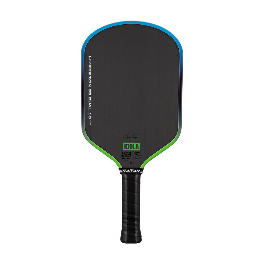 The JOOLA Hyperion 3S Dual 16mm Pickleball Paddle features a Charged Carbon Surface, black face, blue and green edge accents, and a black handle.