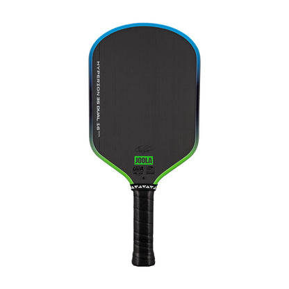 The JOOLA Hyperion 3S Dual 16mm Pickleball Paddle features a Charged Carbon Surface, black face, blue and green edge accents, and a black handle.