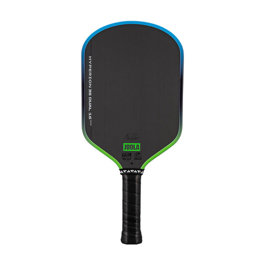 The JOOLA Hyperion 3S Dual 16mm Pickleball Paddle features a Charged Carbon Surface, black face, blue and green edge accents, and a black handle.
