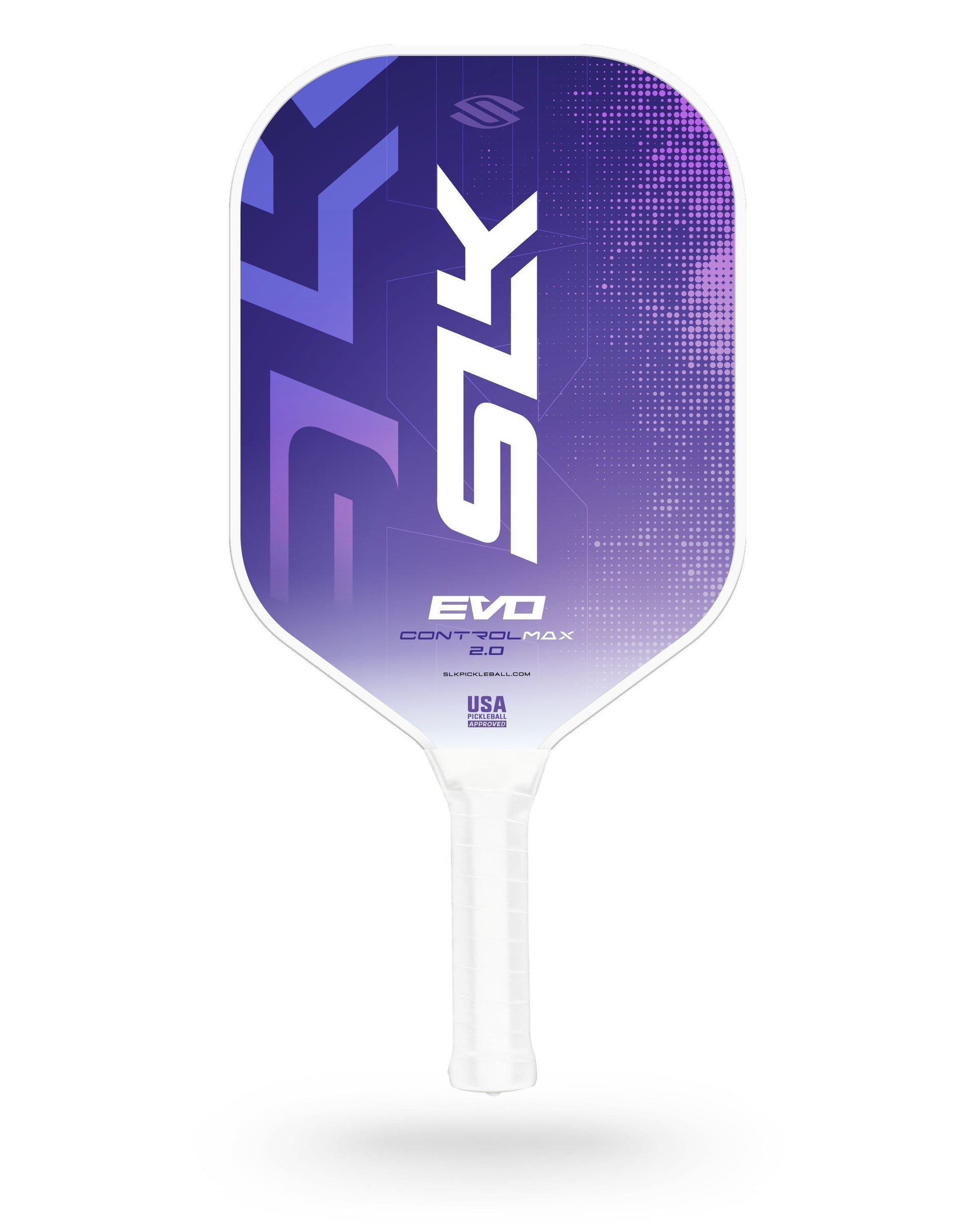 The Selkirk SLK Evo 2.0 Max Widebody Pickleball Paddle features a white handle and a purple-to-white gradient face with bold text and geometric patterns.