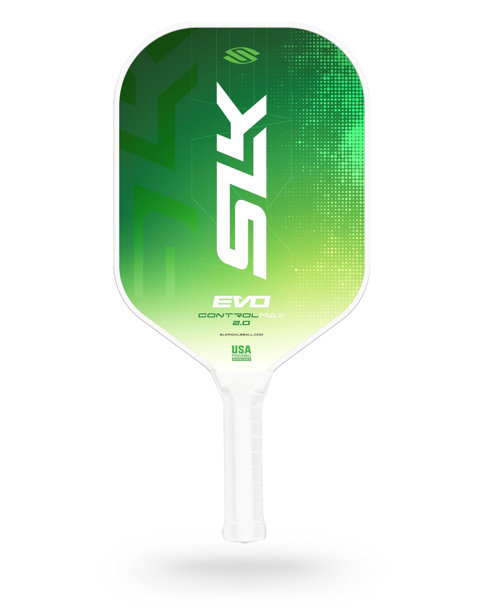 A green and white Selkirk SLK Evo 2.0 Max Widebody Pickleball Paddle with a white handle, displayed on a white background.