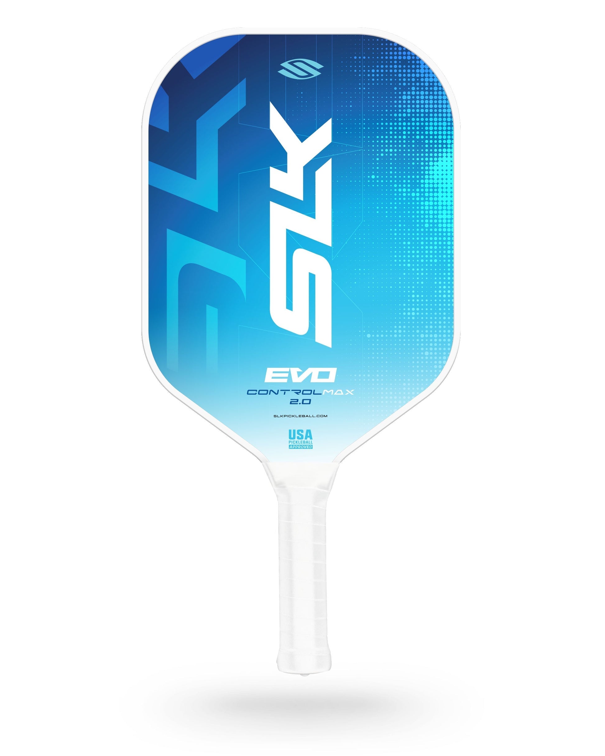 A blue and white Selkirk SLK Evo 2.0 Max Widebody Pickleball Paddle with a white handle is shown on a white background.