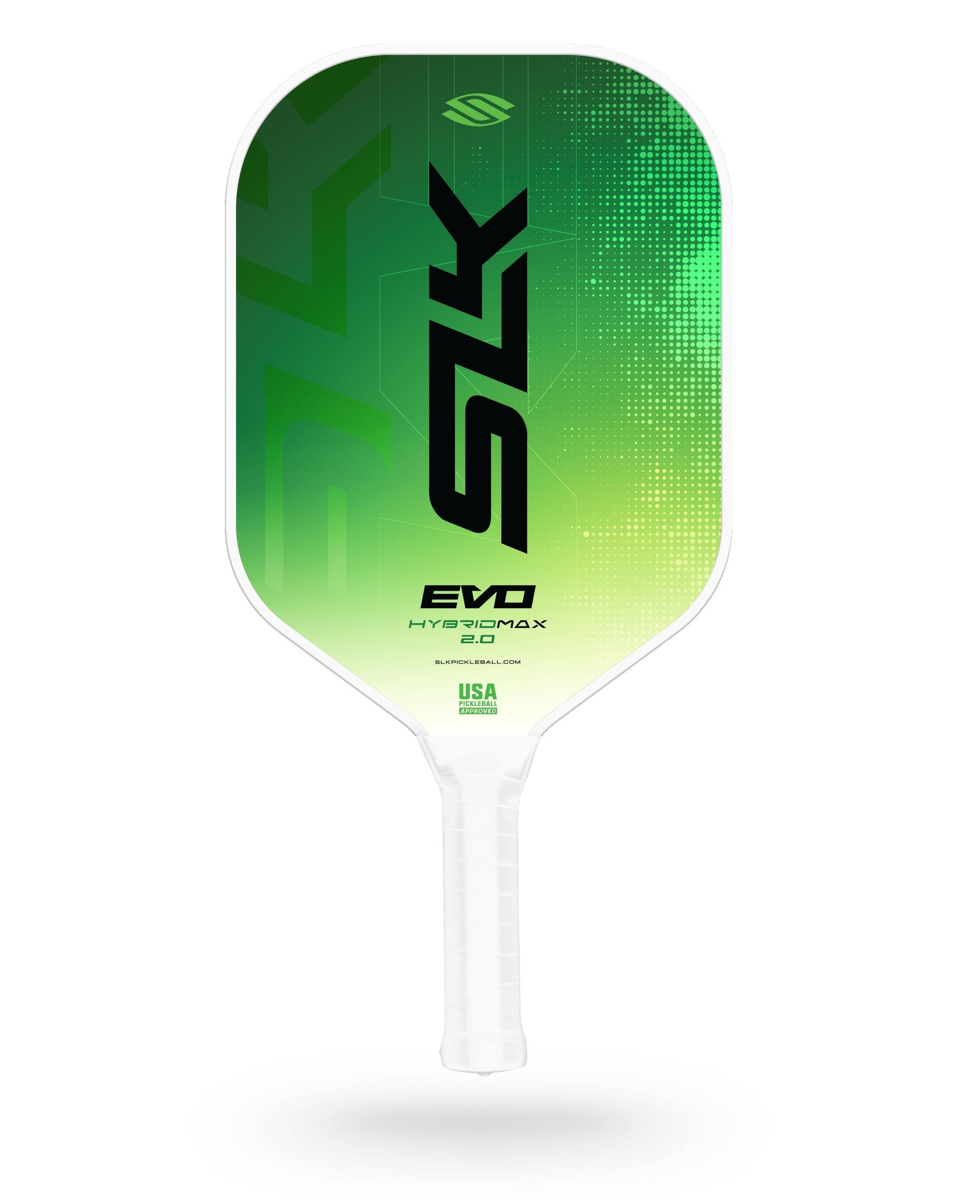 A green and black Selkirk SLK Evo 2.0 Max Widebody Pickleball Paddle with a white handle stands upright against a white background.
