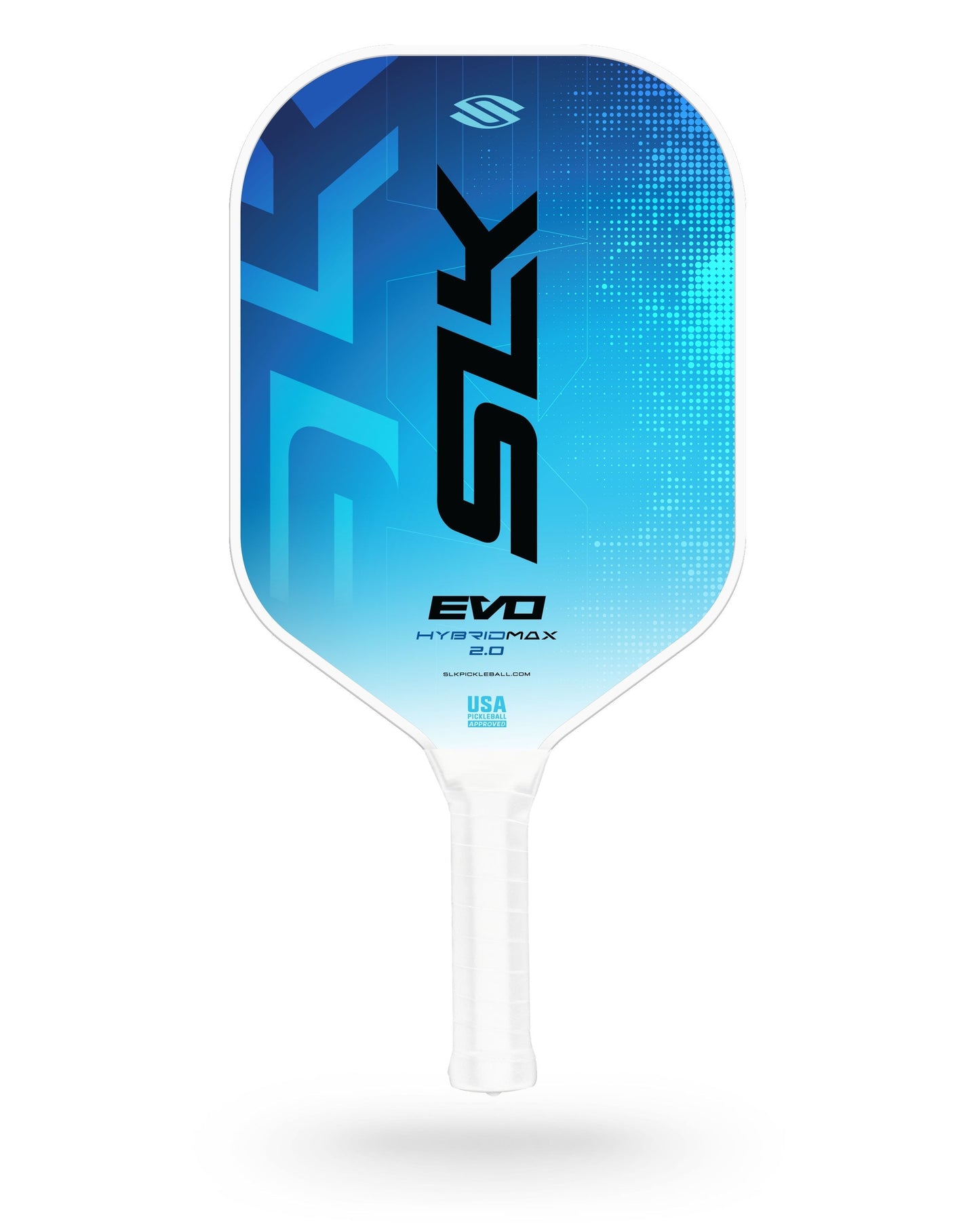 The Selkirk SLK Evo 2.0 Max Widebody Pickleball Paddle comes in blue and white with a white grip, featuring the SK logo and USA Pickleball Approved text.