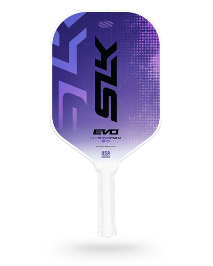 A purple and white Selkirk SLK Evo 2.0 Max Widebody Pickleball Paddle with a white grip, featuring branding and USA Pickleball approval text.