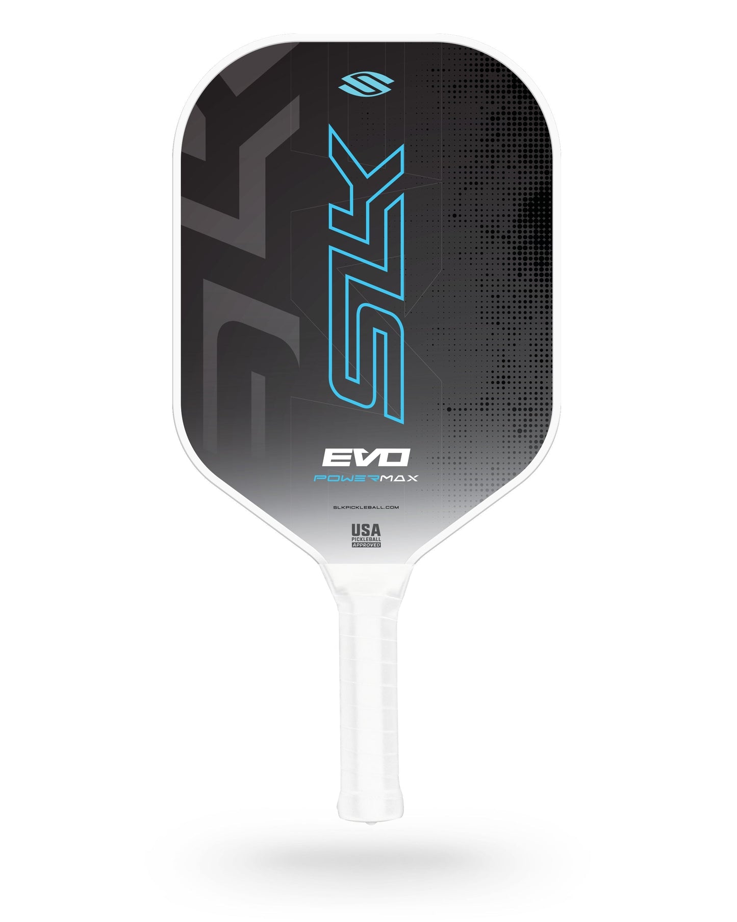 A black and gray Selkirk SLK Evo 2.0 Max Widebody Pickleball Paddle with blue branding, "EVO POWER MAX" text, and a white grip handle.