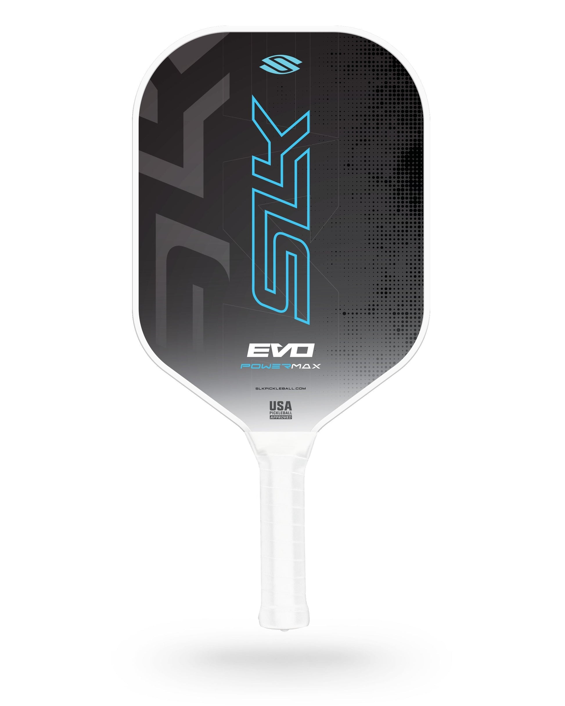 A black and gray Selkirk SLK Evo 2.0 Max Widebody Pickleball Paddle with blue branding, "EVO POWER MAX" text, and a white grip handle.