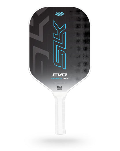 A black and gray Selkirk SLK Evo 2.0 Max Widebody Pickleball Paddle with blue branding, "EVO POWER MAX" text, and a white grip handle.