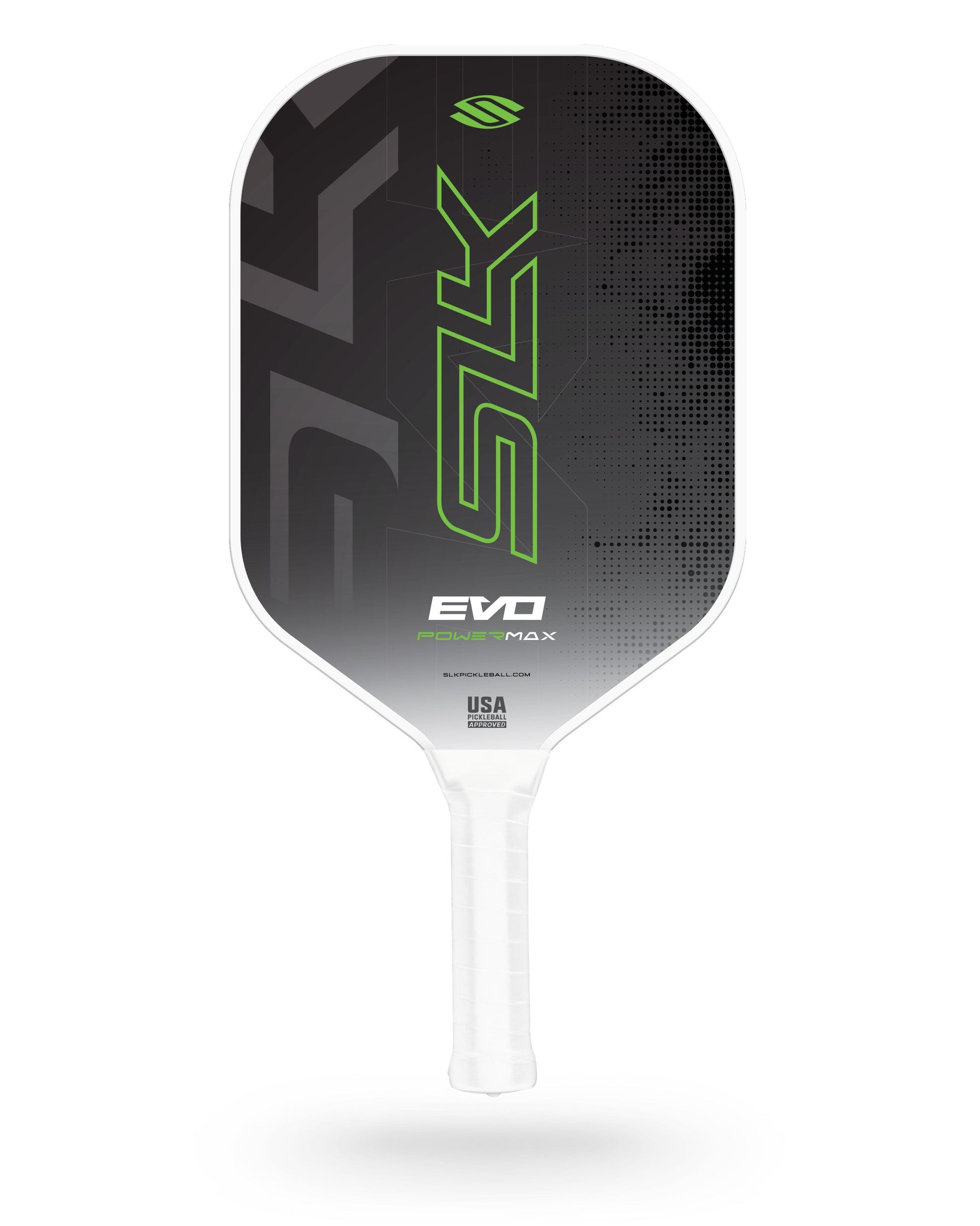 A Selkirk SLK Evo 2.0 Max Widebody Pickleball Paddle in black and white with green accents and a white handle, displayed against a plain white background.