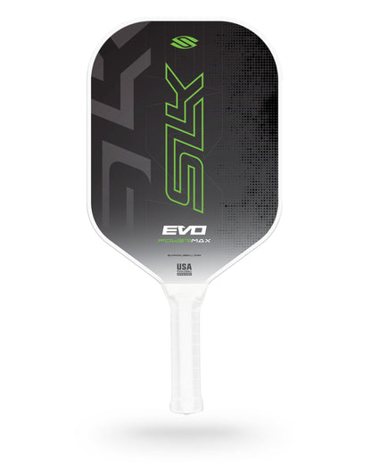 A Selkirk SLK Evo 2.0 Max Widebody Pickleball Paddle in black and white with green accents and a white handle, displayed against a plain white background.