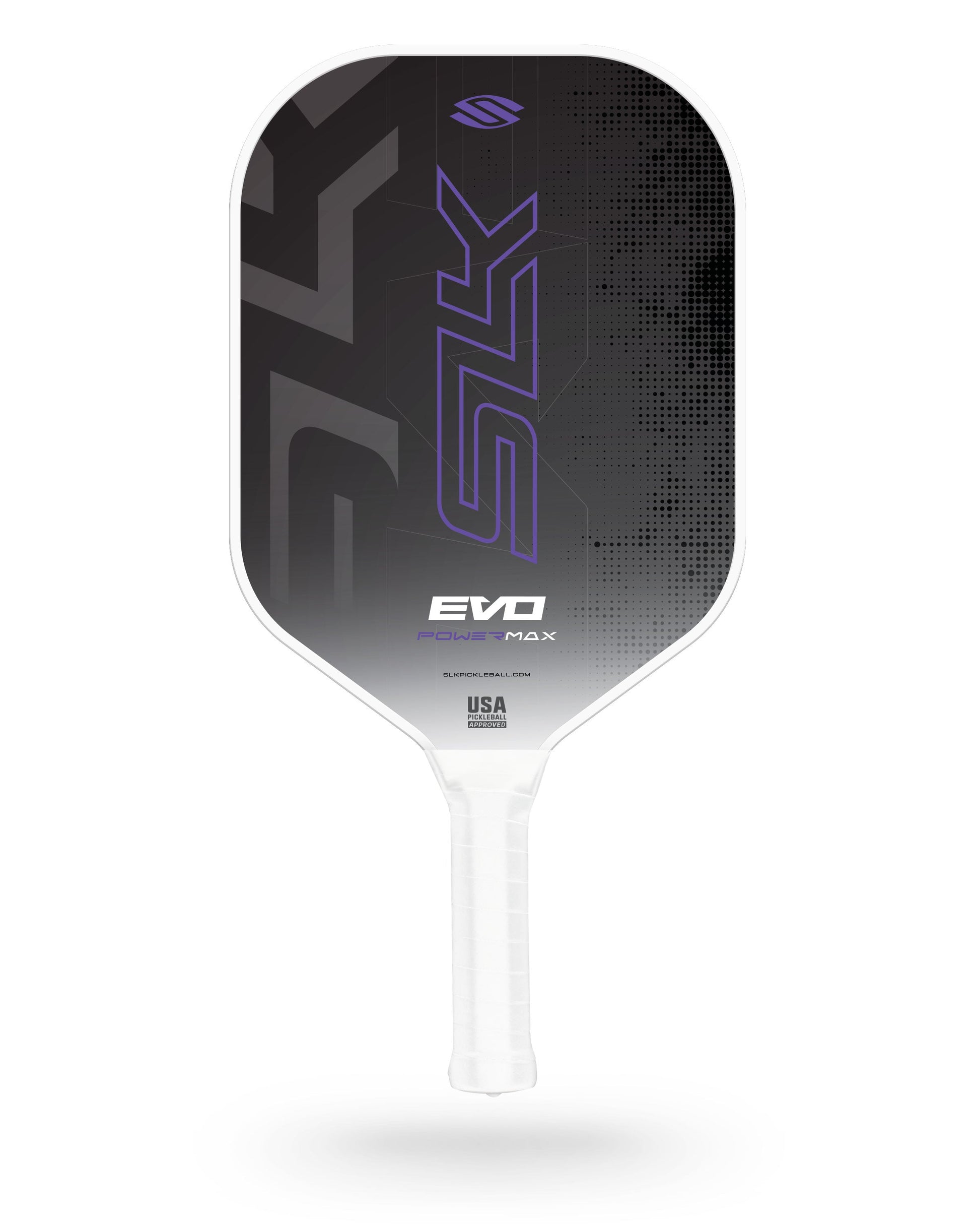 The Selkirk SLK Evo 2.0 Max Widebody Pickleball Paddle features a black and gray design, white handle, "SLK" branding, "EVO Power Max," and a USA Pickleball Approved label.