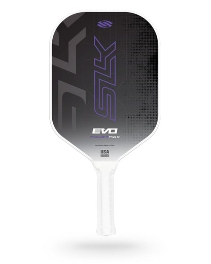 The Selkirk SLK Evo 2.0 Max Widebody Pickleball Paddle features a black and gray design, white handle, "SLK" branding, "EVO Power Max," and a USA Pickleball Approved label.