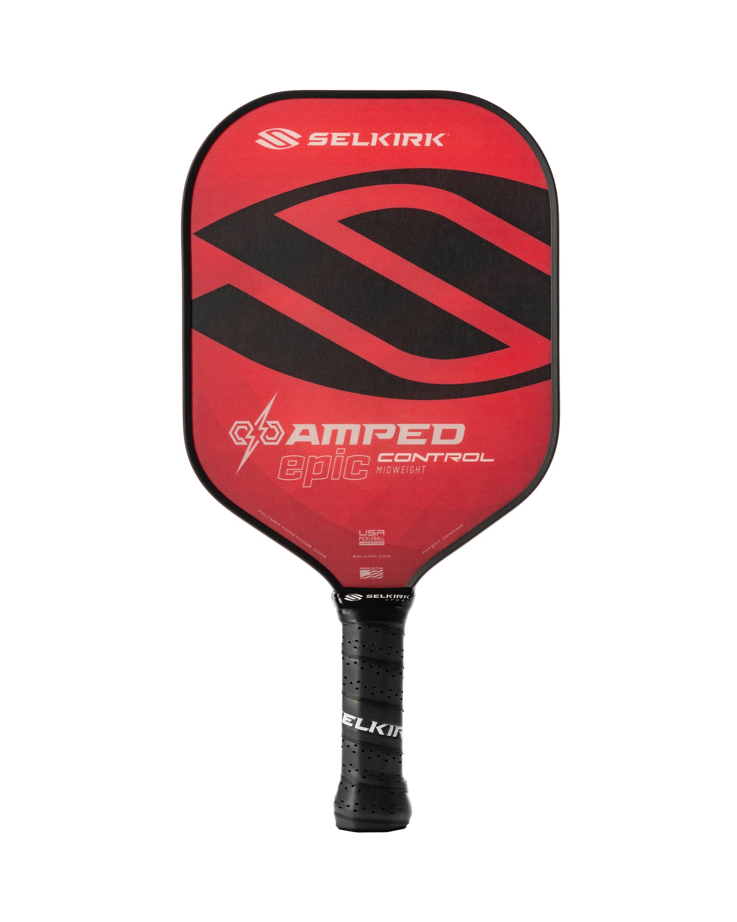 Selkirk AMPED Control Epic 16mm Pickleball Paddle in red and black, featuring "Amped Epic Control" text and a black handle with Selkirk branding.