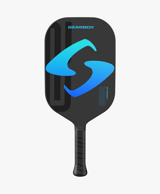 A black Gearbox G2 Elongated 14mm Edgeless Pickleball Paddle with a blue graphic design on the face and a black handle.