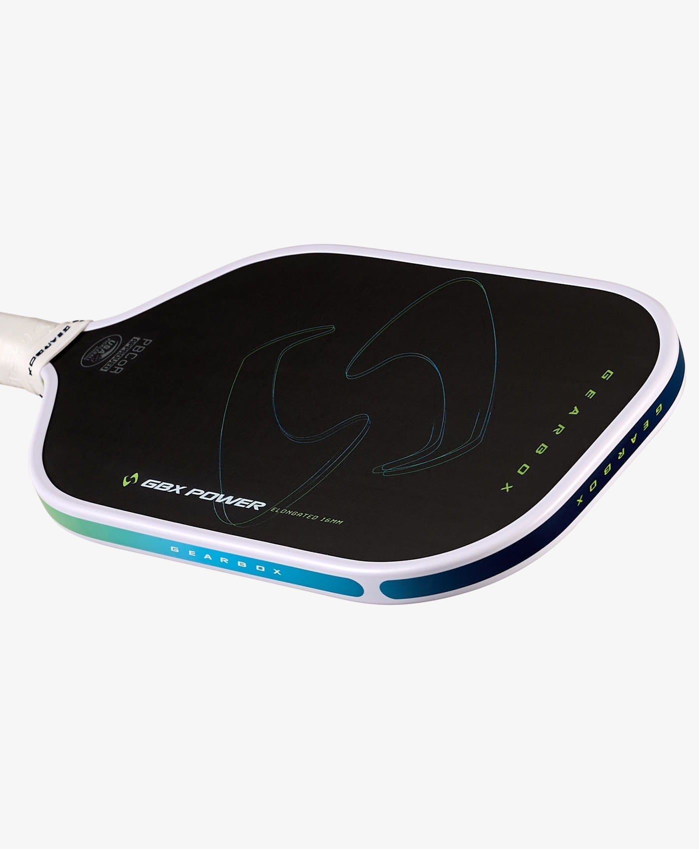 A close-up of the Gearbox Sports GBX Power Elongated - 16mm Gen-3 Honeycomb pickleball paddle, featuring a black carbon fiber face, white edge, blue-green accents, and the Gearbox logo and text on its surface.