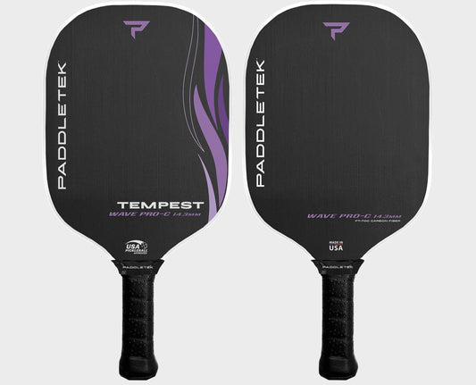 Two black Paddletek Tempest Wave Pro-C 14.3mm Carbon Fiber Pickleball Paddles are displayed with the front and back sides visible. Both feature a purple accent design and textured grips. Made in the USA by Paddletek.