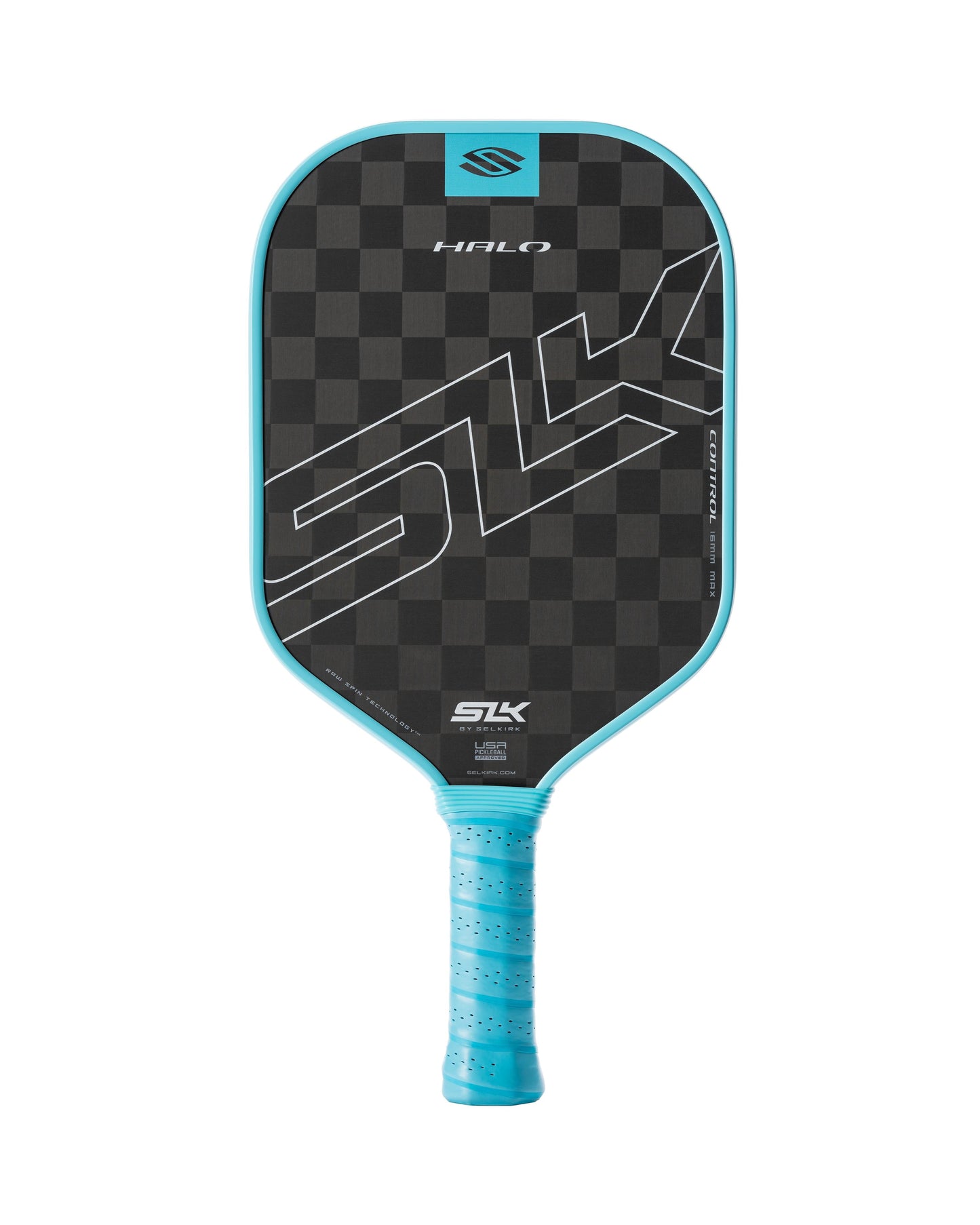 A pickleball paddle, the Selkirk SLK HALO Max Control 16mm, featuring a black checkered face with a light blue handle and the text "SLK" and "Halo" printed on it.