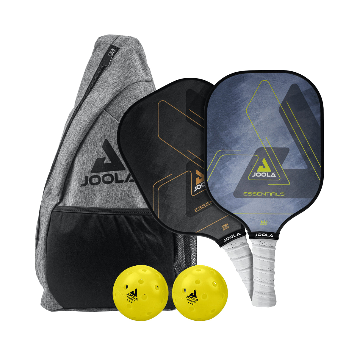 A JOOLA Essentials Set (Paddles - Balls - Bag) with two paddles, two yellow balls, and a grey carrying bag. The paddles feature a geometric design, and the balls have the JOOLA logo printed on them.