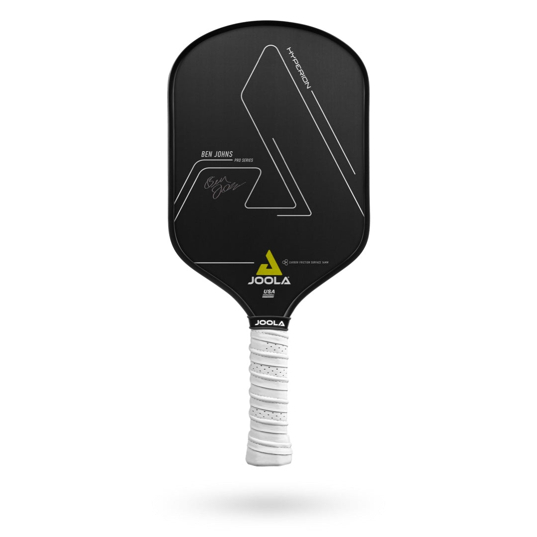 A black and white JOOLA Ben Johns Hyperion CFS 14 Pickleball Paddle with HYPERFOAM EDGE WALL on a white background.