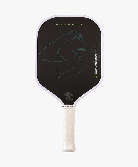 The Gearbox Sports GBX Power Hybrid - 16mm Gen-3 Honeycomb is a black pickleball paddle with a white edge and handle, showcasing the Gearbox logo and branding on the face.