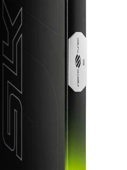 Close-up of the Selkirk SLK GEO Widebody 14mm Pickleball Paddle in black with a green accent and partial "SLK" graphic; features a silver “INCARTA TUNED 5G” label.