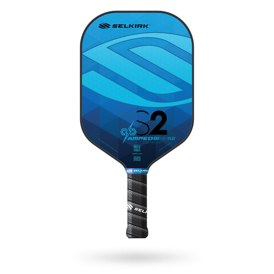 A Selkirk Amped S2 Pickleball Paddle with a blue and white design.