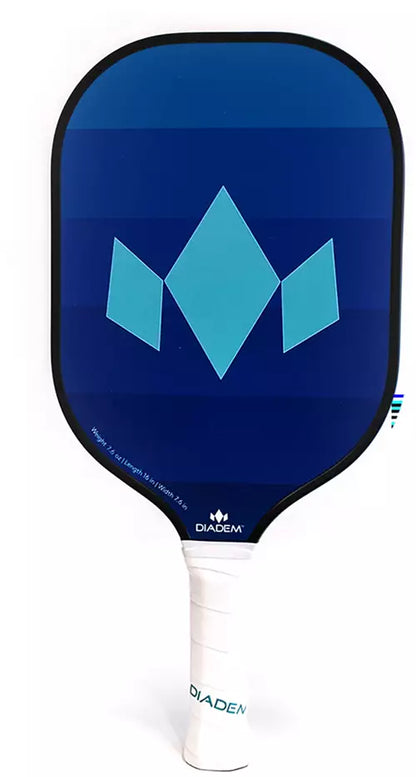 The Diadem Team Pickleball Paddle features a blue paddle with a light blue diamond pattern in the center, a white grip, and the "Diadem" brand near the handle.