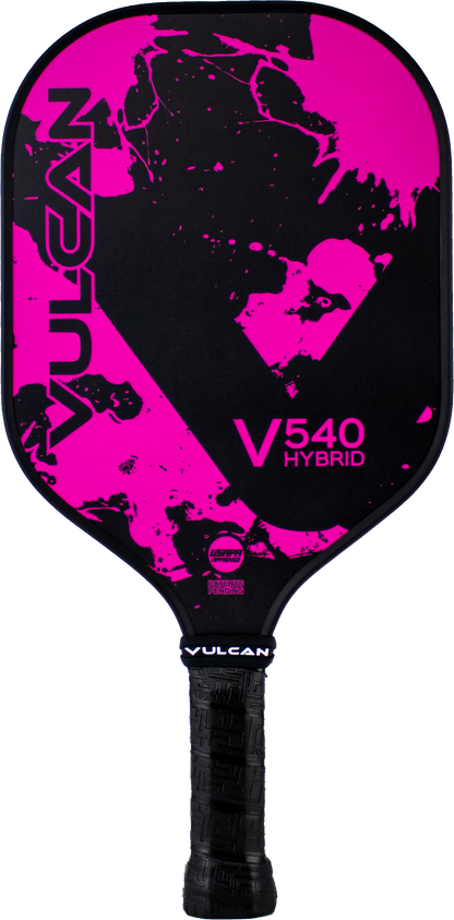 A Pickleballist Vulcan V540 hybrid pickleball paddle in vibrant pink and black with a yellow splatter abstract design.