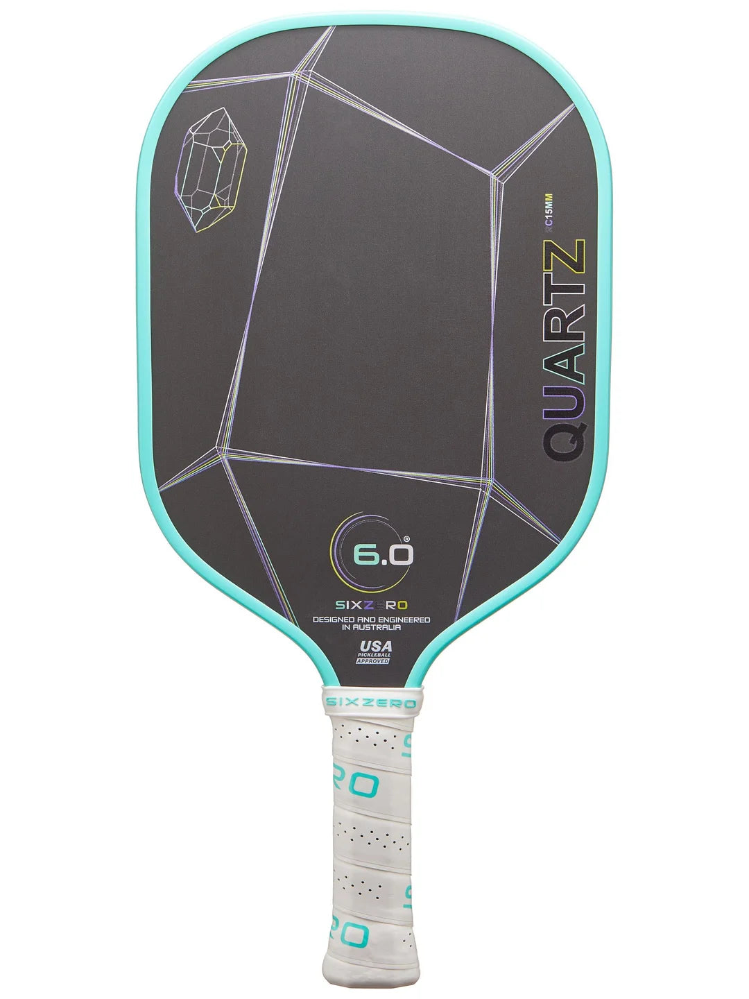 Image of a black and turquoise pickleball paddle with "Six Zero Quartz (15mm)" text and a geometric design on the face. The handle is white with turquoise accents.