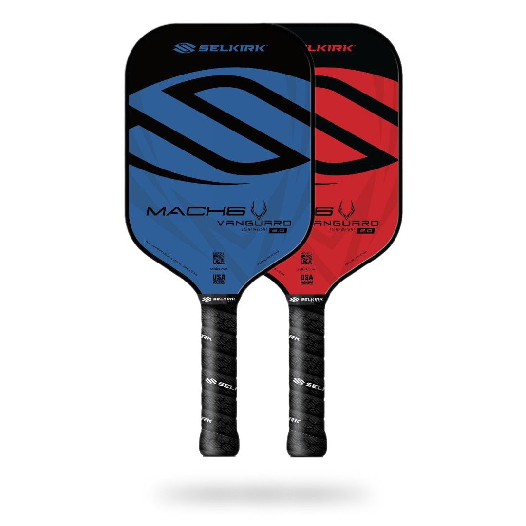 Two Selkirk paddles, one blue (Selkirk Vanguard Mach6 Pickleball Paddle) and one red (Vanguard), are displayed side by side. Both have black grips and a large "S" logo on the surface. Ideal for tennis players, the Selkirk Vanguard Mach6 Pickleball Paddle is especially great for mastering a two-handed backhand.